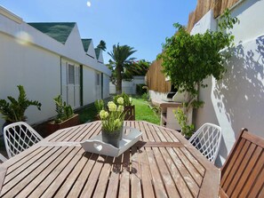 Relax on the patio with a potted plant and two comfortable chairs.