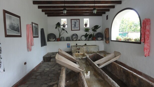 Een rustieke kamer met stenen vloer, houten balken, een waterpomp en diverse potplanten.