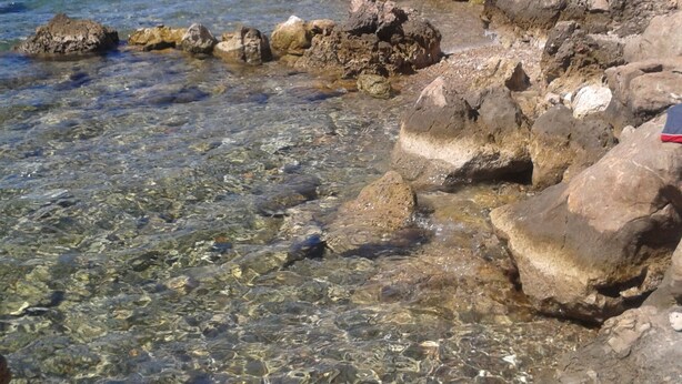 A rocky shoreline with clear water, steps leading up to a beach, and a person sitting on a rock.