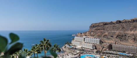 A resort with a beach, palm trees, and a large pool area.