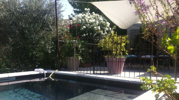 A swimming pool with a metal fence, surrounded by potted plants and trees. - The house patio of Velleron (Velleron)