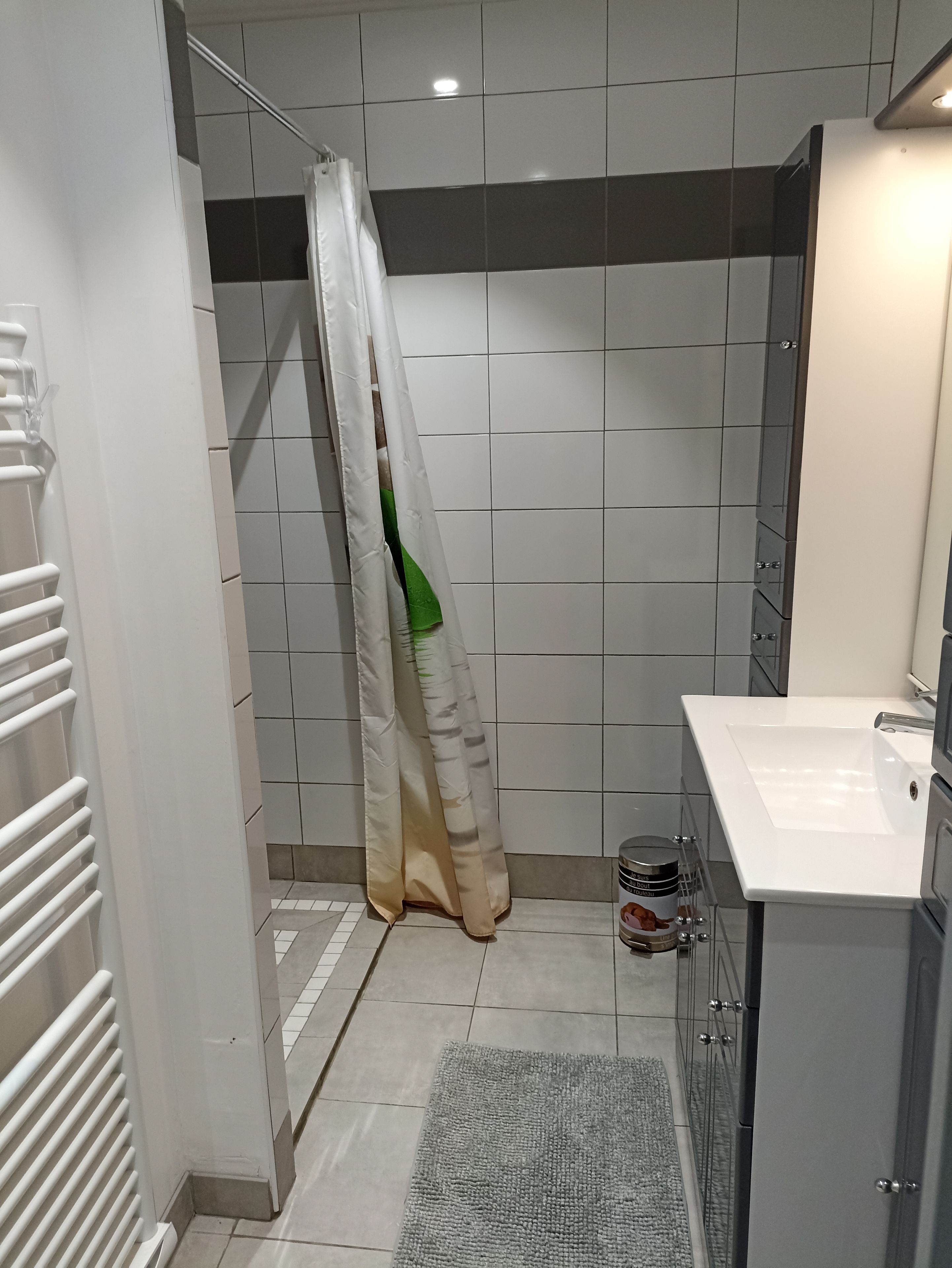 A bathroom with a shower curtain, a sink, and a towel rack.