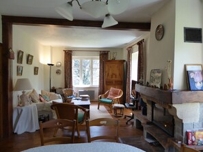 Fernseher, Kamin, DVD-Player, Bücher