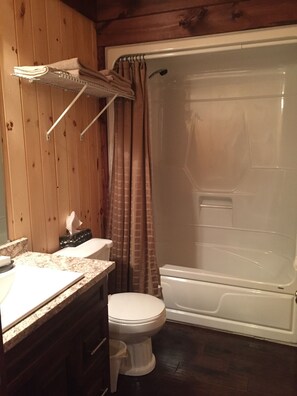 Combined shower/bathtub, hair dryer, towels, soap