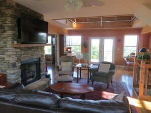 TV, fireplace, DVD player, books