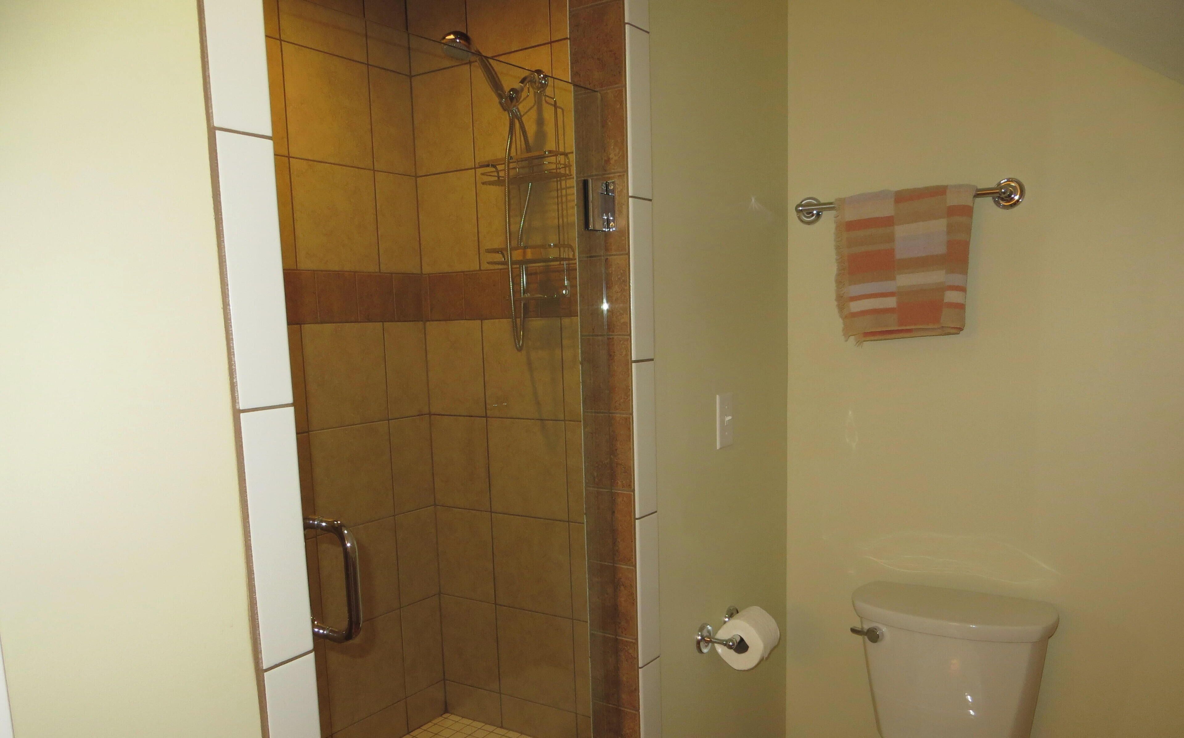 A bathroom with a shower, toilet, and a towel rack.