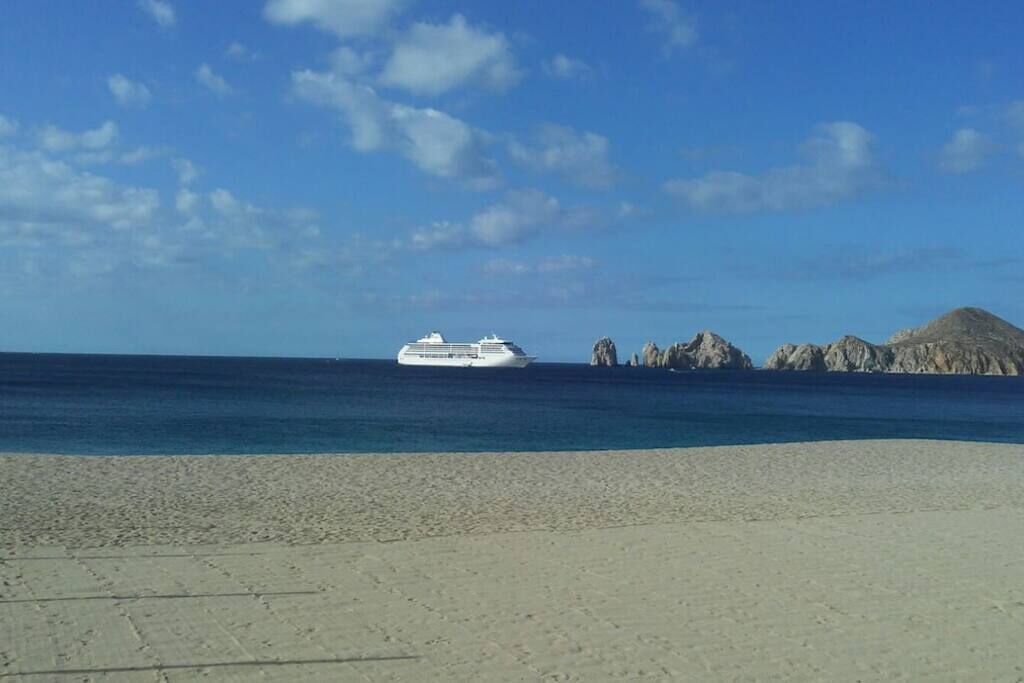 A cruise ship on a calm sea with a sandy beach and rocky formations in the background.