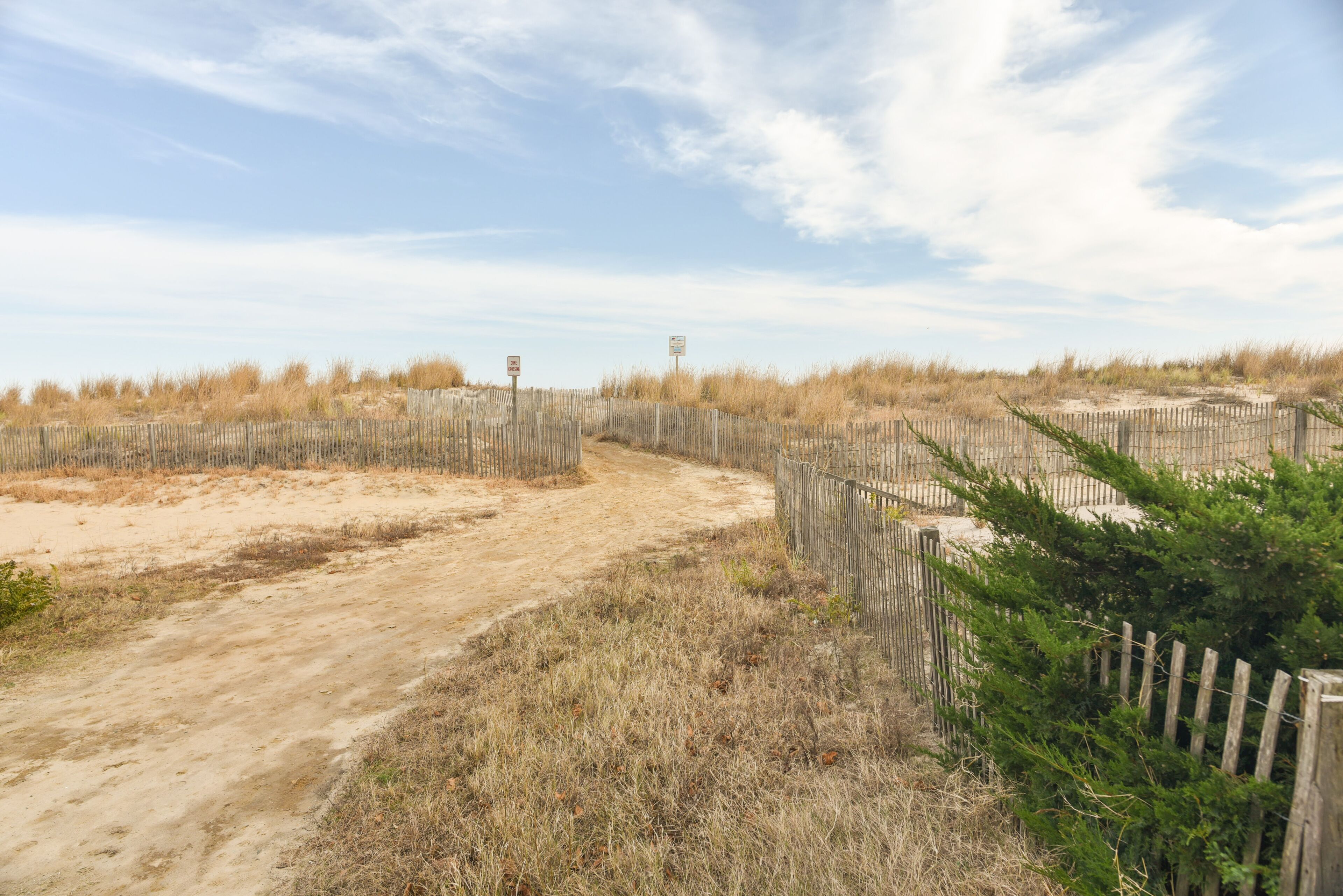 Ein sandiger Pfad führt durch ein eingezäuntes Gelände mit spärlicher Vegetation und blauem Himmel.