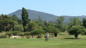 Un terrain de golf avec une personne qui marche, des arbres et une colline en arrière-plan.