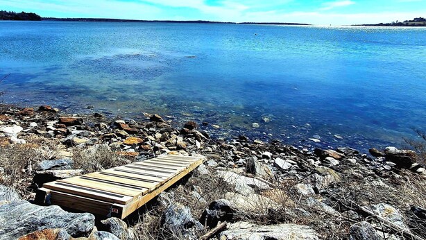 A wooden bench on a rocky shore overlooking a calm body of water. - City Amenities, Casco Bay Sunrises and Natural Beauty (Portland)