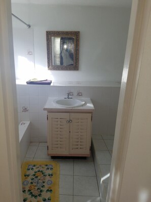 Combined shower/tub, towels