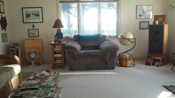 Smart-TV, peis, DVD-spiller og bøker