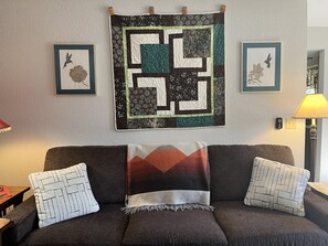 Smart TV, fireplace, DVD player, books
