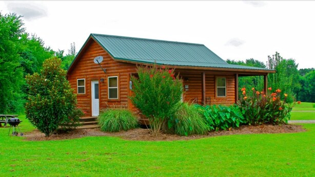 A wooden cabin with a metal roof, surrounded by a well-maintained lawn and various shrubs. - Morningstar Cabin Caddo River. GREAT VALUE!!!!!!!!!!! River access!! (Glenwood)
