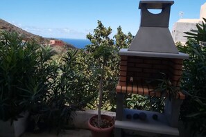 Una parrilla con chimenea, rodeada de plantas en macetas y con vista a un paisaje costero.