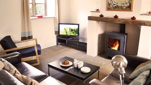 Una sala de estar con chimenea, televisor y sofá.