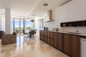 Kitchen and living room area with direct access to the terrace 