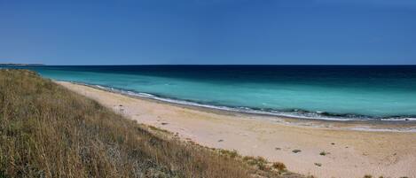 On the beach, sun-loungers