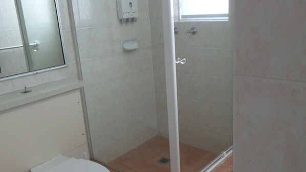 Shower, towels, soap, shampoo