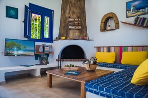 TV connectée, cheminée, lecteur de DVD, livres