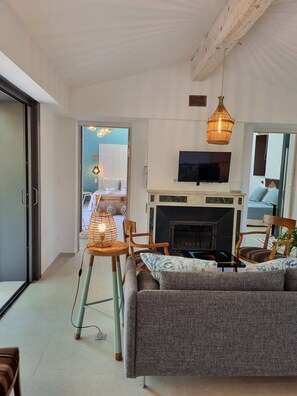 Smart TV, caminetto, libri