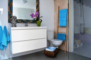 Séchoir à cheveux, serviettes fournies, papier de toilette