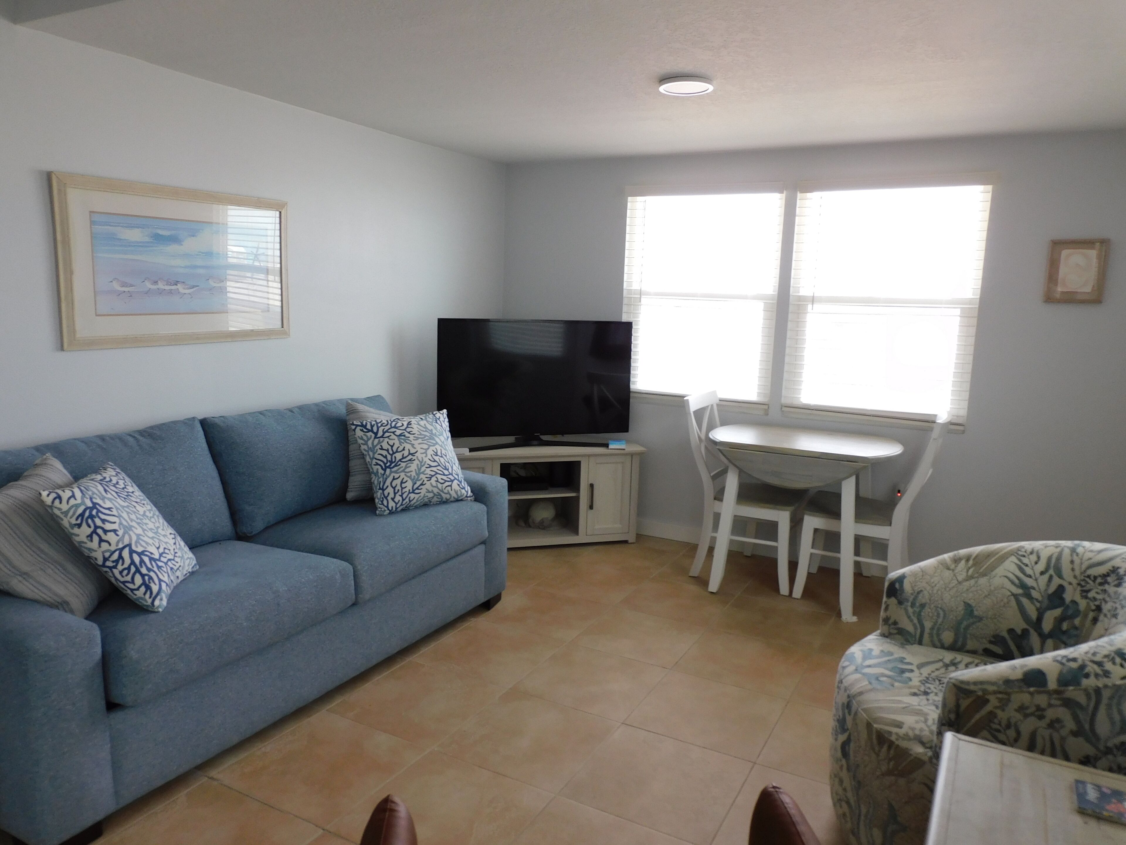 A living room with a sofa, TV, and a dining area with a table and chairs.