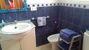 Hair dryer, towels, soap, toilet paper