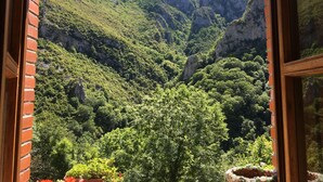 Une vue à travers une fenêtre sur un paysage montagneux, avec une végétation luxuriante et des falaises rocheuses.