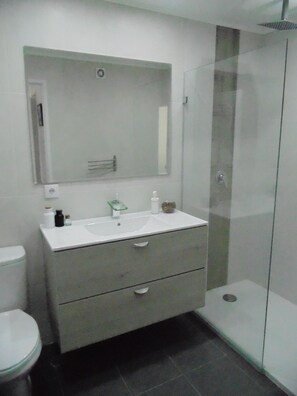 Shower, hair dryer, towels, soap