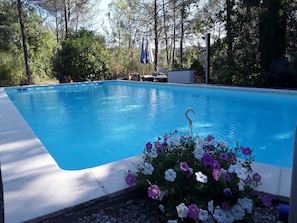 Una piscina con un borde de flores y una decoración de cisne.