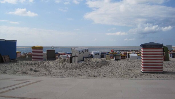 Una zona frente al mar, con arena en primer plano y una vista despejada del océano al fondo.