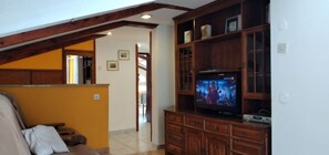 Télévision, cheminée, table de tennis de table