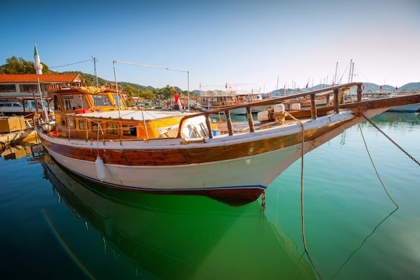 A wooden boat docked at a marina with a clear view of the surrounding buildings and water.