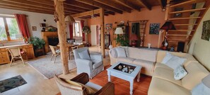 Smart TV, fireplace, DVD player, books