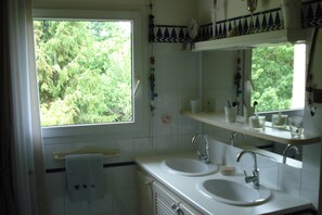 Shower, hair dryer, soap, toilet paper