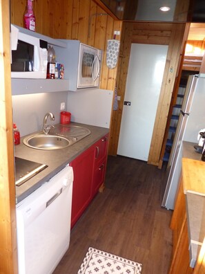 A compact kitchen with wooden walls, a stainless steel sink, a microwave, and a white dishwasher. - Les ARCS 1600, DUPLEX 6 p, View Unobstructed valley, position south, ski in ski out  (Bourg-Saint-Maurice)