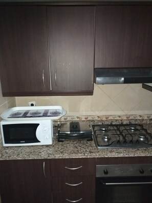 Fridge, microwave, oven, coffee/tea maker