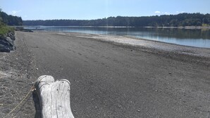 A beach with a wooden post in the foreground, a calm lake, and a forested hill in the background.