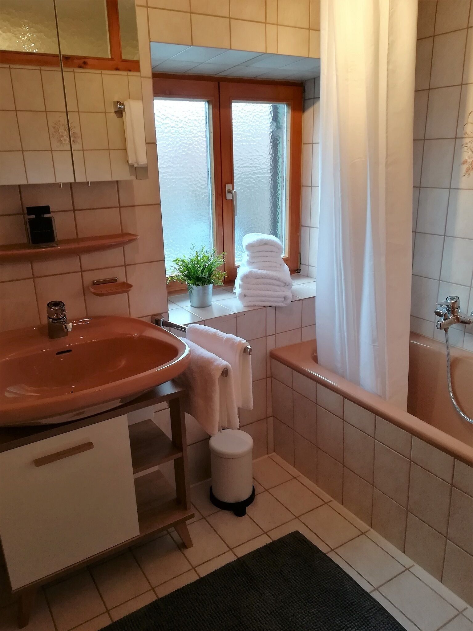 A bathroom with a sink, mirror, and bathtub. There is a window with a view of the outside, and a potted plant on the windowsill.
