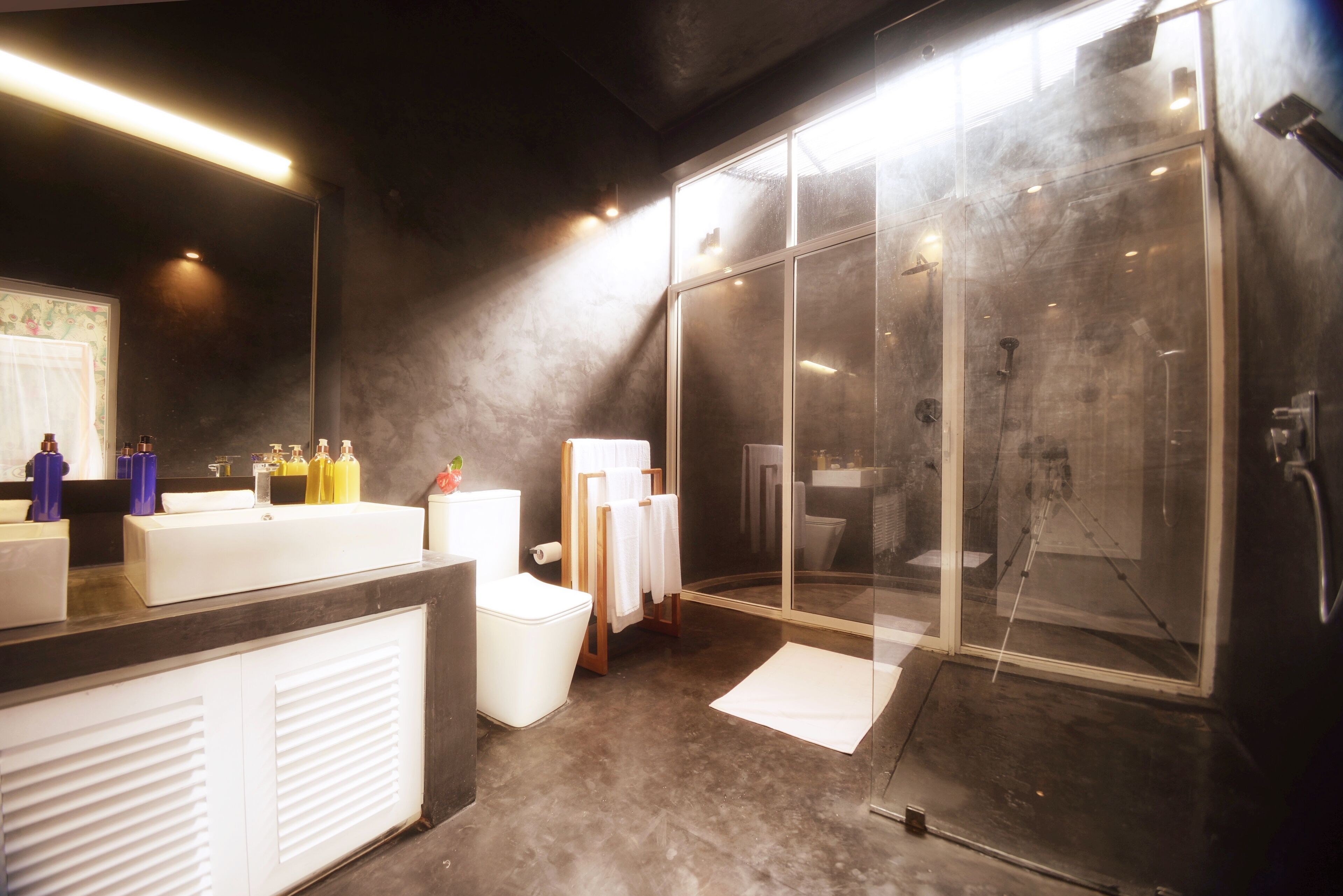 Separate bathtub and shower, rainfall showerhead, designer toiletries