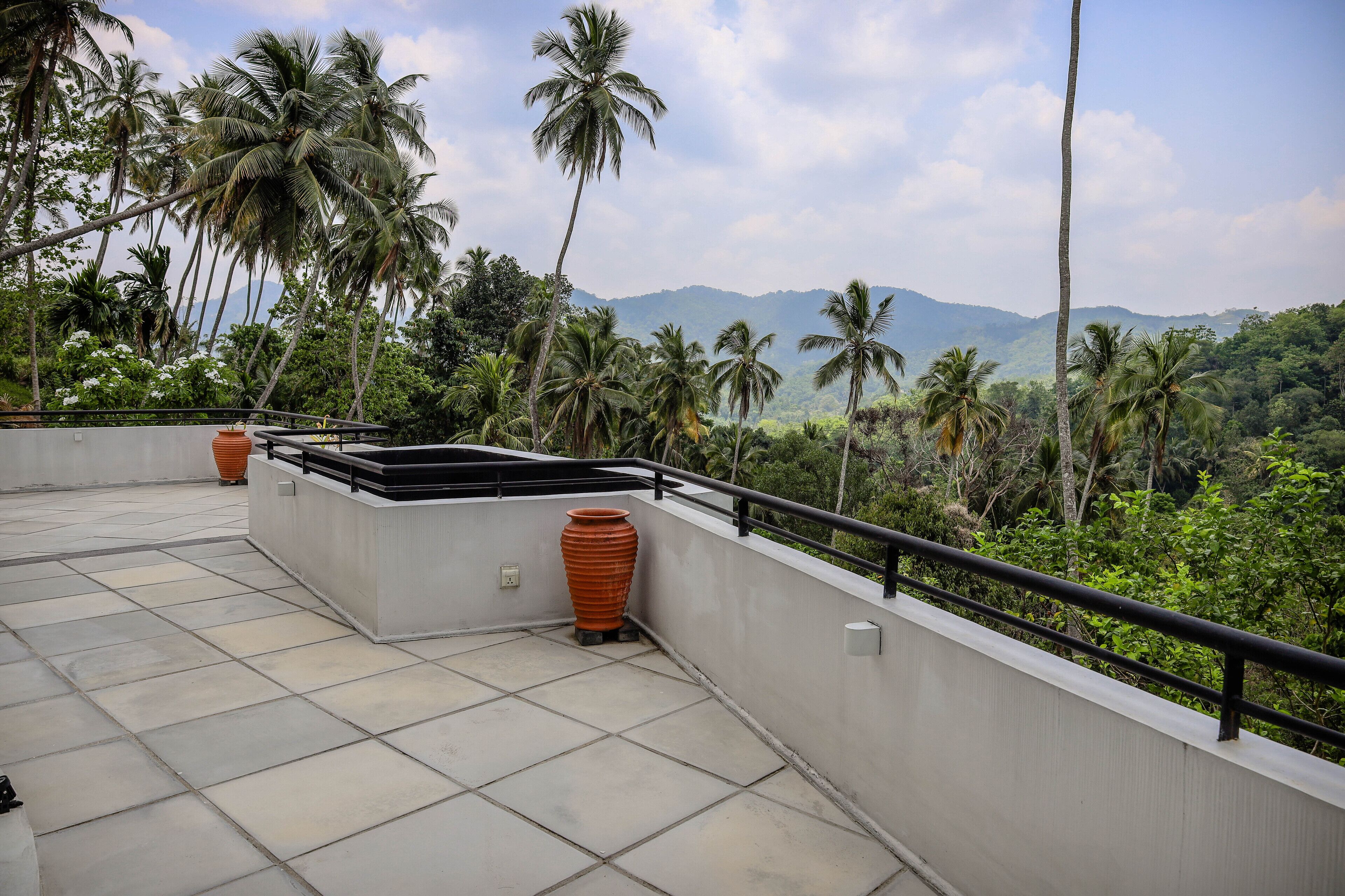 Une terrasse sur le toit, dotée d’un sol en béton, d’une rambarde et de plantes en pot.