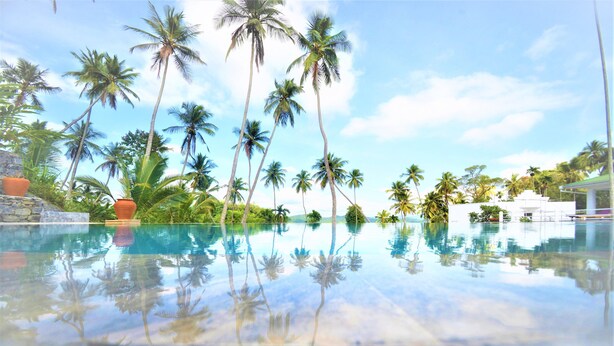 A clear view of a swimming pool with reflections of palm trees and a clear sky. - The Flame Tree Estate & Hotel (Galagedara)