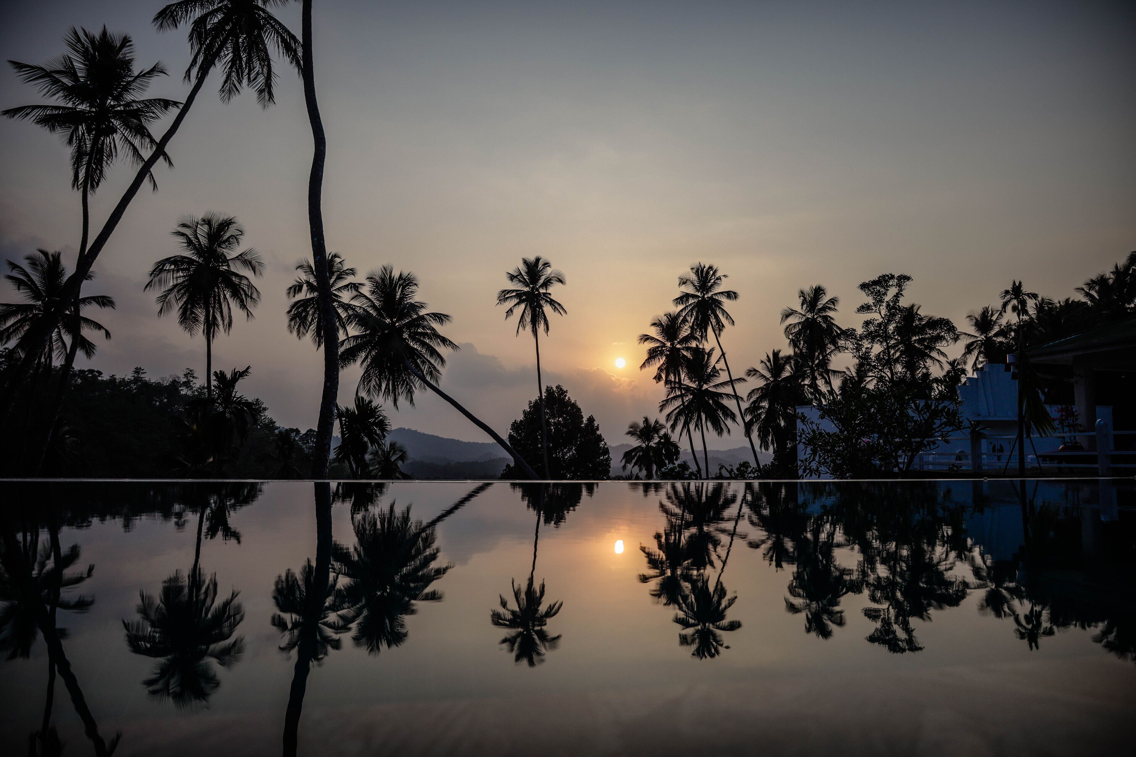 A serene sunset over a calm body of water with palm trees reflected on the surface.