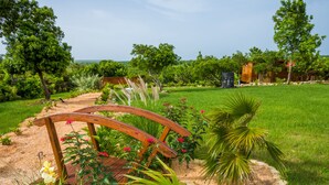 Un giardino con un arco in legno, diverse piante e un cielo sereno.