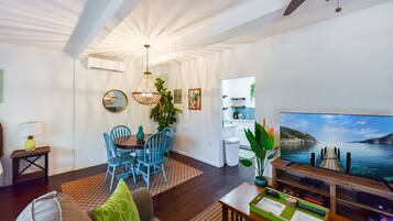 Smart TV, books, music library, stereo