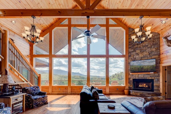 Télévision à écran plat, cheminée, jeux vidéo, livres