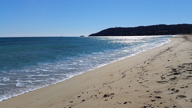 Une plage avec une eau d’un bleu limpide, un rivage sablonneux et une colline qui se dessine à l’horizon.