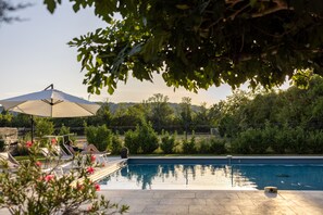 A swimming pool with lounge chairs and an umbrella, surrounded by greenery and trees.