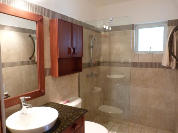 A bathroom with a sink, mirror, and two toilets. - Ocean Front studio for 2, Cabarete (Cabarete)